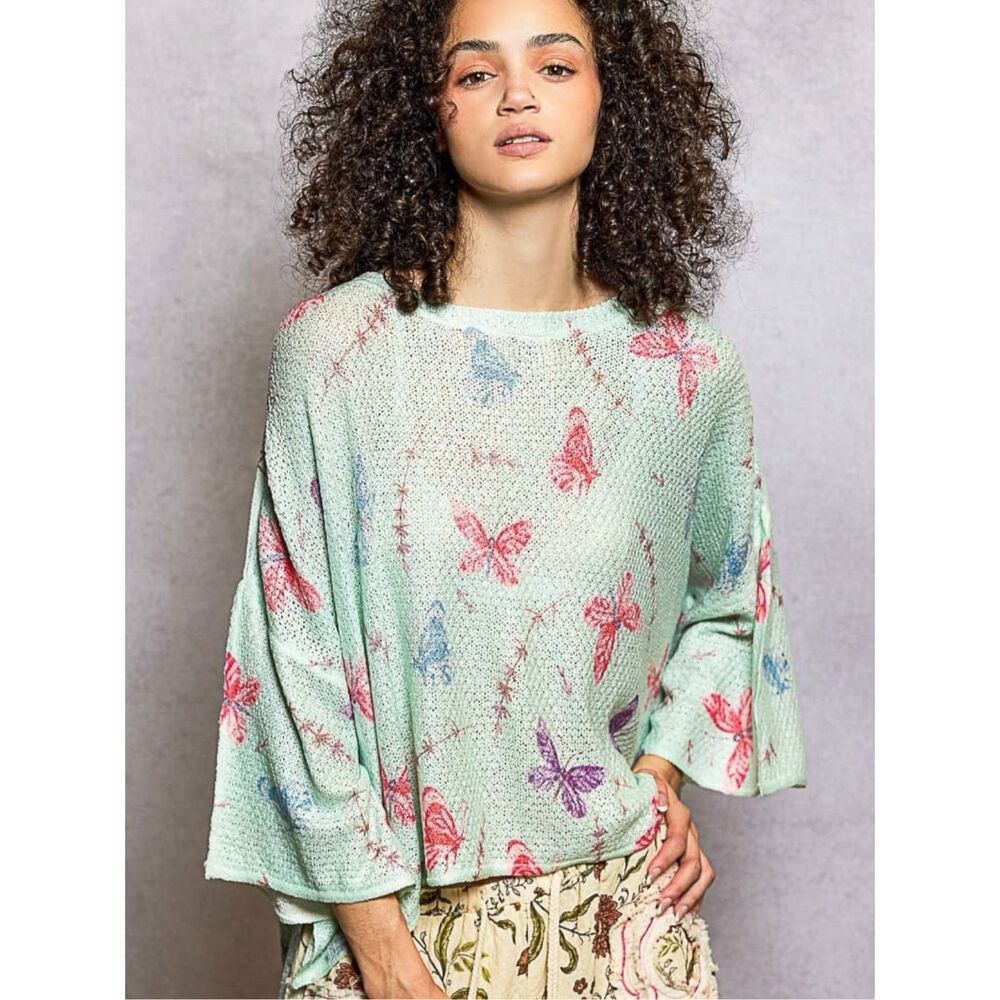 POL Butterfly Knit Top Boho Dolman Sleeve Oversized Mint Lightweight Sweater NEW